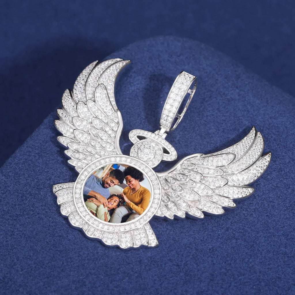 Custom Angel Wing Photo Pendant – “Heavenbound Tribute” Edition VVS1 5A CZ White Gold 18 IN Rope - Shop Gold Supply