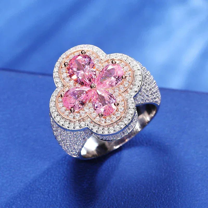 Iced Clover Crest Ring – “Fortune Bloom” Edition Moissanite Pink 7 - Shop Gold Supply