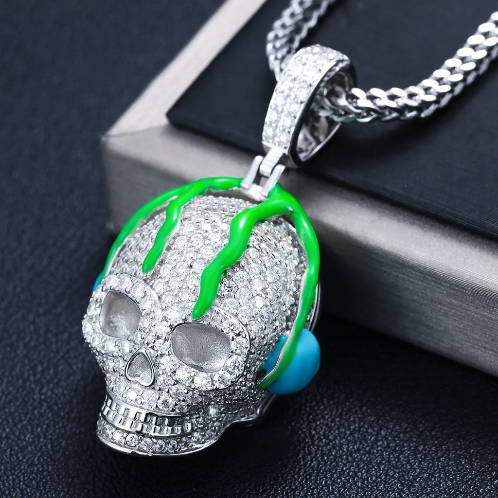 Moissanite Glow Skull Glow Pendant – “Neon Drip” Edition White Gold - Shop Gold Supply