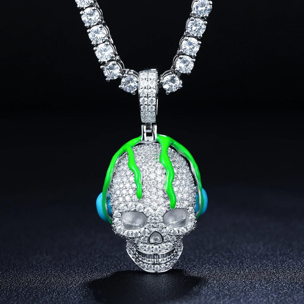 Moissanite Glow Skull Glow Pendant – “Neon Drip” Edition White Gold - Shop Gold Supply