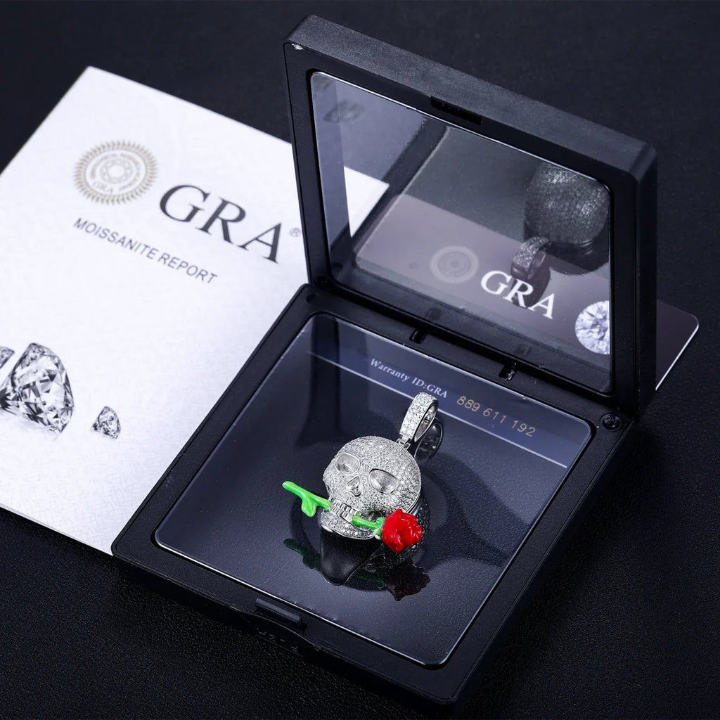 Moissanite Glow Skull & Rose Glow Pendant – “Deadly Romance” Edition White Gold - Shop Gold Supply