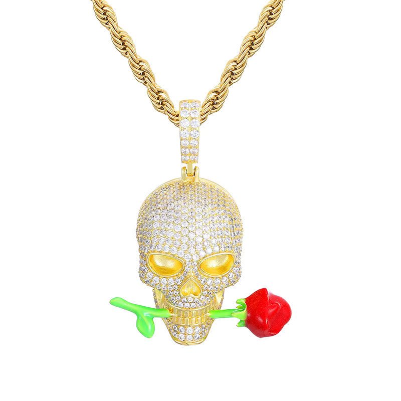 Moissanite Glow Skull & Rose Glow Pendant – “Deadly Romance” Edition Yellow Gold - Shop Gold Supply