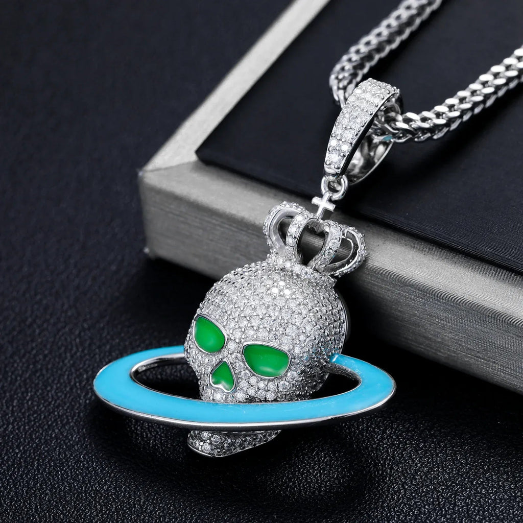 Moissanite Glow Skull Saturn Pendant – “Cosmic Reign” Edition - Shop Gold Supply