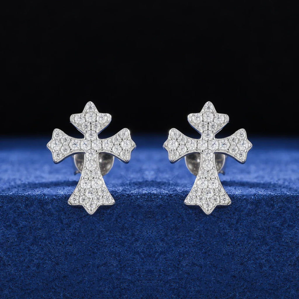 Moissanite Pavé Cross Stud Earrings – “Divine Ice” Edition Yellow Gold - Shop Gold Supply