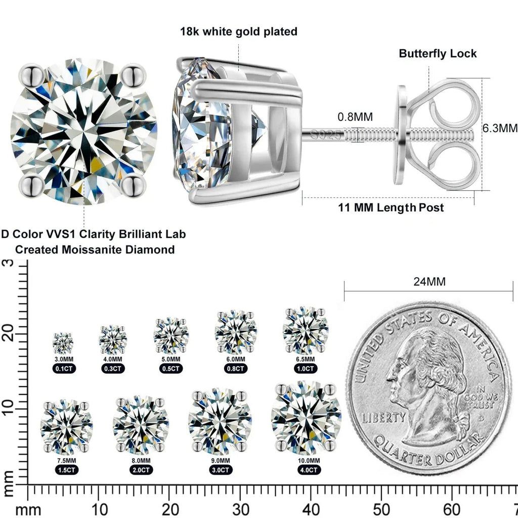Moissanite Stud Earrings 10MM 925 Silver White Gold - Shop Gold Supply