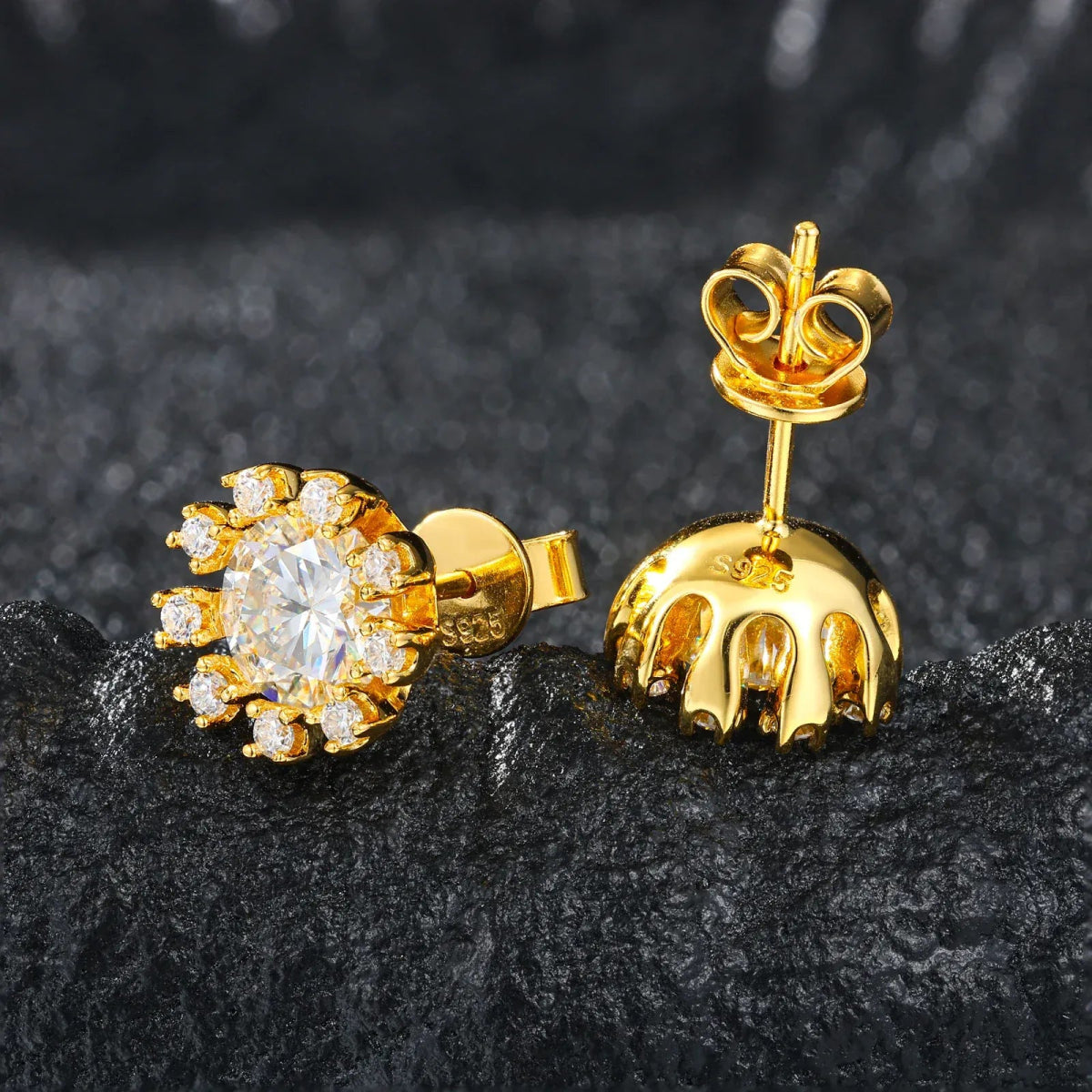 Sunburst Iced Stud Earrings – “Solar Flare” Edition Yellow Gold Moissanite - Shop Gold Supply
