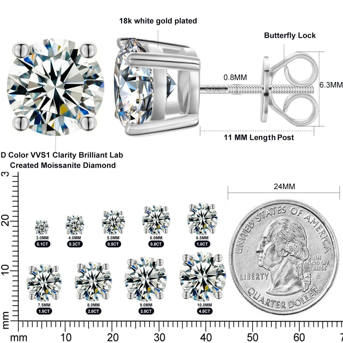 VIP Moissanite Stud Earrings 10MM 925 Silver White Gold - Shop Gold Supply