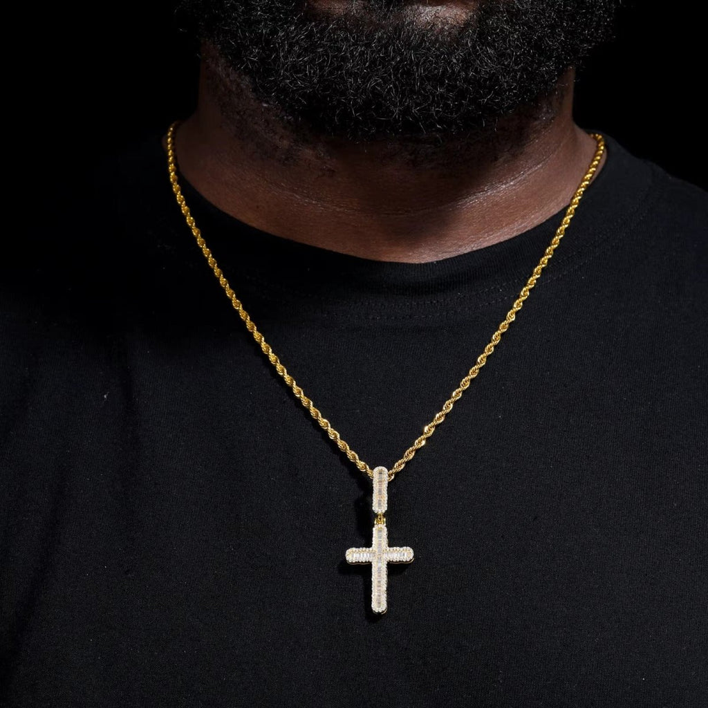 VVS Baguette Cross Pendant White Gold Moissanite FREE Never Tarnish Rope - Shop Gold Supply