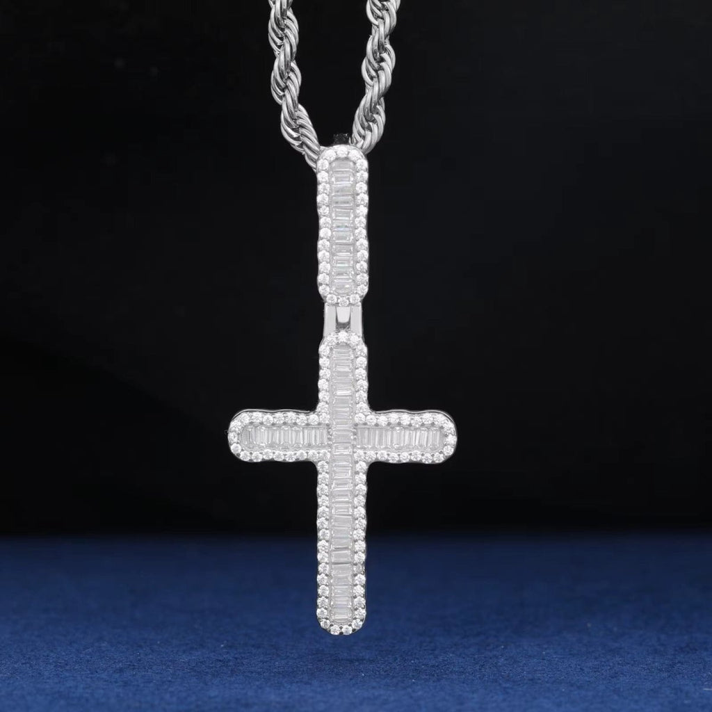 VVS Baguette Cross Pendant White Gold Moissanite FREE Never Tarnish Rope - Shop Gold Supply
